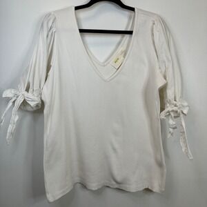 Maeve‎ by Anthropologie White Ribbed Puff Sleeve Tie Cuff V Neck Top XL